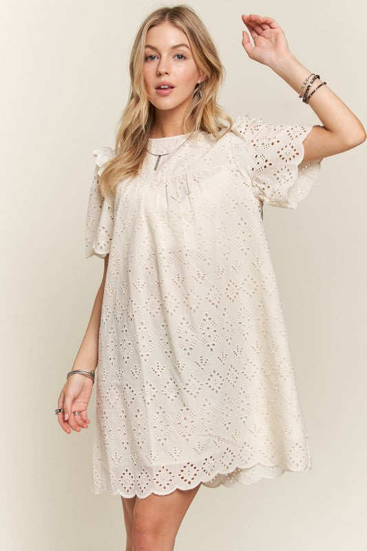 ADORA Ruffled Eyelet Round Neck Dress Casual Dresses