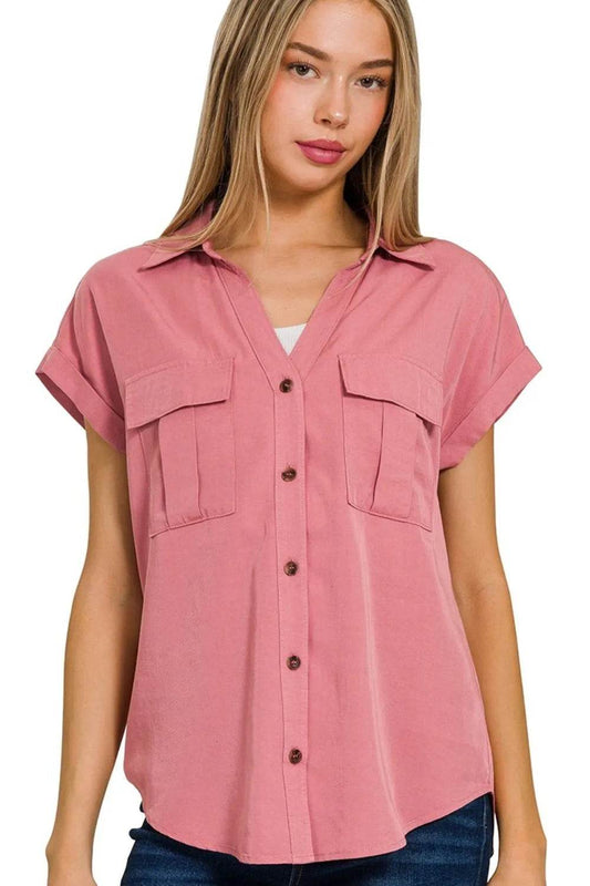 Zenana Tencel V-neck Collared Top W Front Flap Pockets - Shop Style & More | Fresh Looks, Everyday Deals & Free Shipping