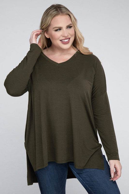 Plus Dolman Sleeve V-Neck Side Slit Hi-Low Hem Top - Shop Style & More | Fresh Looks, Everyday Deals & Free Shipping