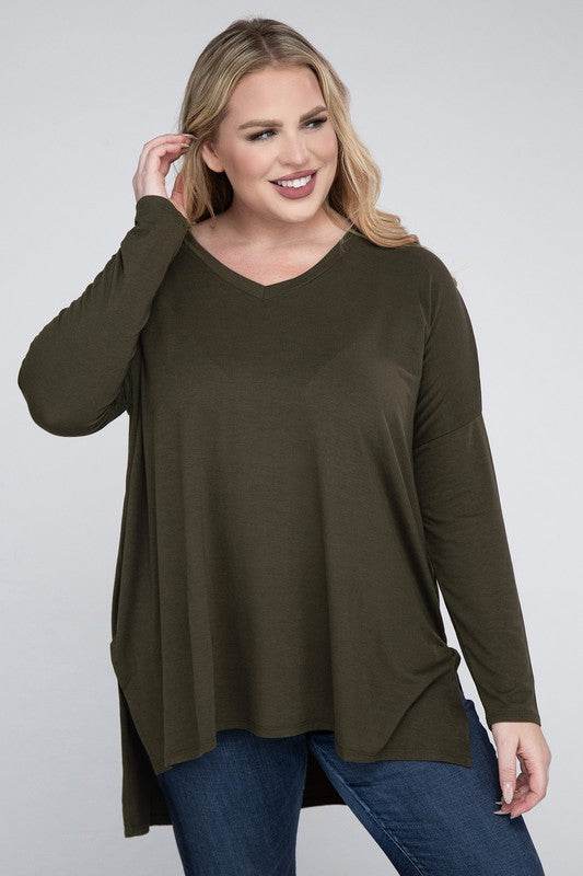 Plus Dolman Sleeve V-Neck Side Slit Hi-Low Hem Top - Shop Style & More | Fresh Looks, Everyday Deals & Free Shipping