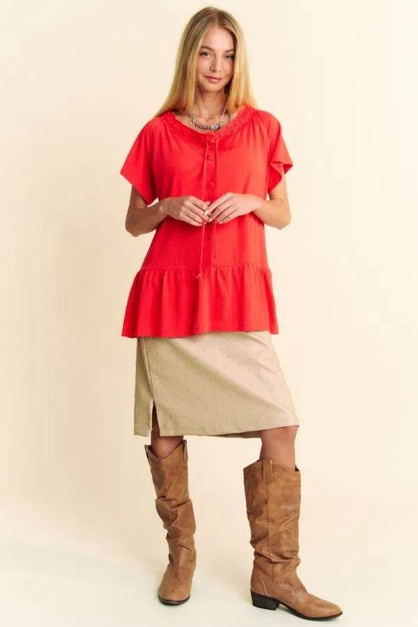 Davi & Dani Solid Lace Trim Neck Short Sleeve Peplum Top - Shop Style & More | Fresh Looks, Everyday Deals & Free Shipping
