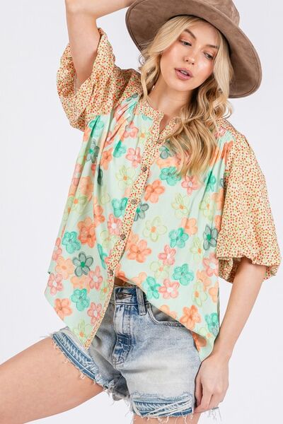 SAGE+FIG Button Down Bubble Sleeves Shirt Blouses