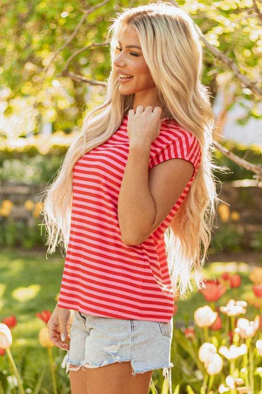 Sarahi Stripe Ribbed Cap Sleeve Round Neck Top - Shop Style & More | Fresh Looks, Everyday Deals & Free Shipping
