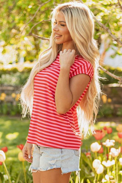 Sarahi Stripe Ribbed Cap Sleeve Round Neck Top - Shop Style & More | Fresh Looks, Everyday Deals & Free Shipping