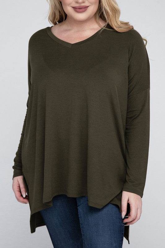 Plus Dolman Sleeve V-Neck Side Slit Hi-Low Hem Top - Shop Style & More | Fresh Looks, Everyday Deals & Free Shipping