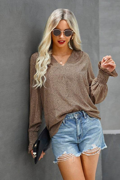 V Neck Dalmatian Print Bishop Sleeve Blouse - Shop Style & More | Fresh Looks, Everyday Deals & Free Shipping