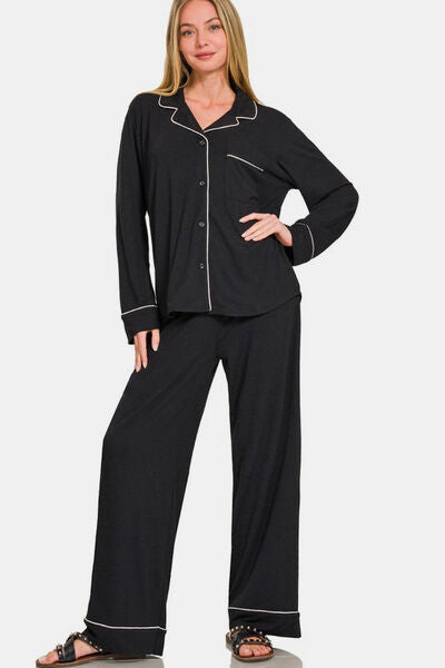 Zenana Button Down Long Sleeve Top and Pants Lounge Set Lounge Set