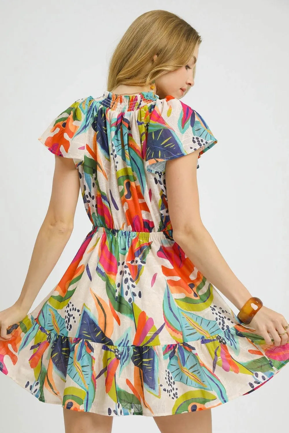 Umgee Printed Tie Neck Ruffled Hem Dress Dresses - Casual Dresses