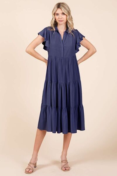 Mittoshop Ruffle Sleeve Collared V Neck Tiered Midi Dress Casual Dresses