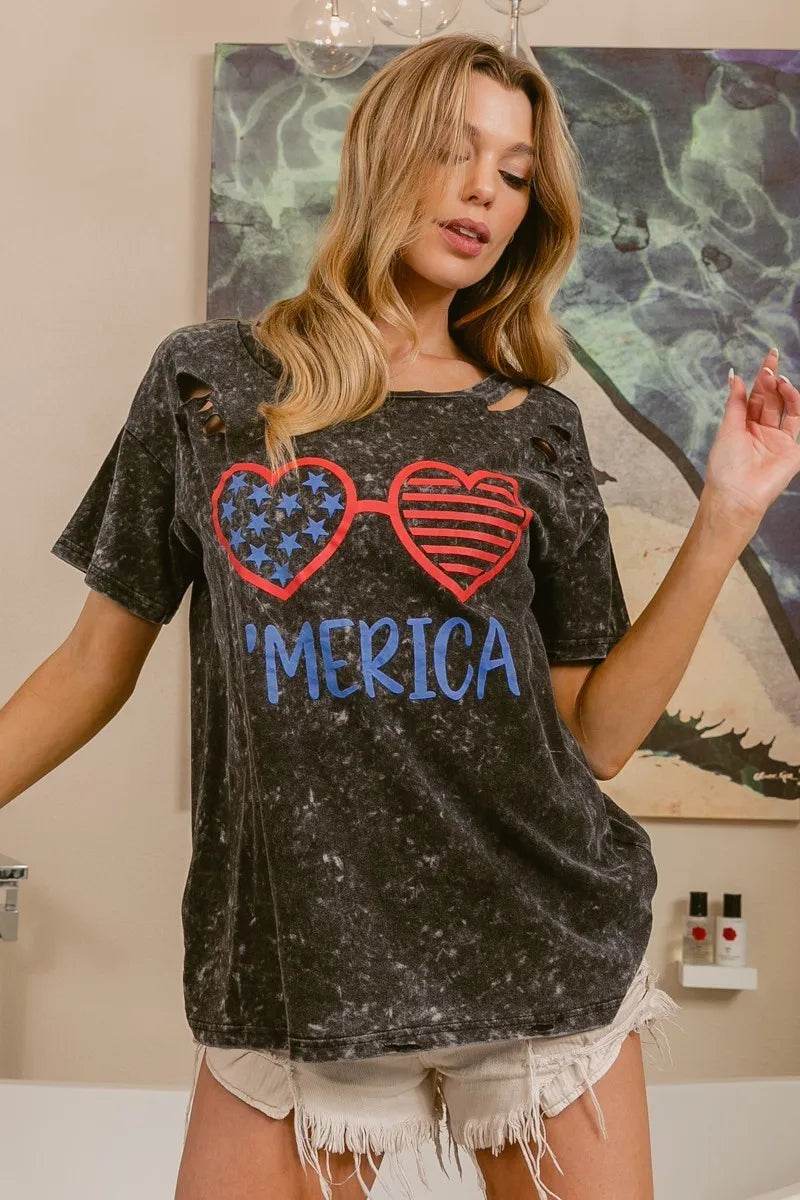 BiBi 4th Of July Theme Mineral Washed Laser Cut Top - Shop Style & More | Fresh Looks, Everyday Deals & Free Shipping