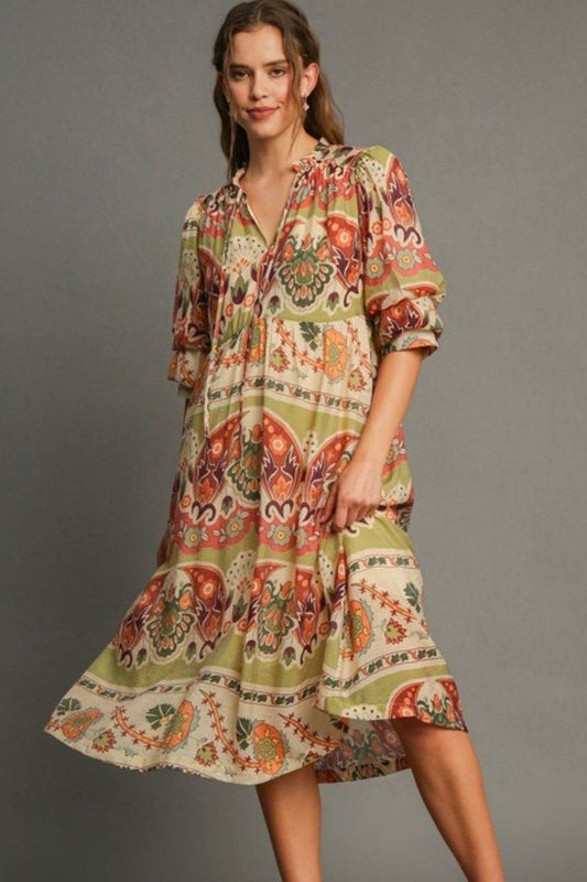 Umgee Full Size Tiered Border Print Midi Dress Plus Size - Shop Style & More | Fresh Looks, Everyday Deals & Free Shipping