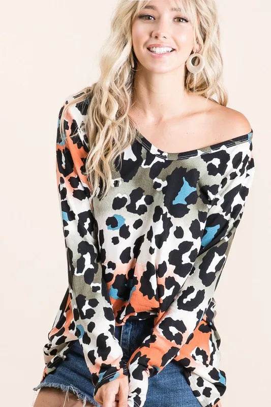 BiBi Gradation Leopard Print Soft Knit Deep U Neck Top - Shop Style & More | Fresh Looks, Everyday Deals & Free Shipping