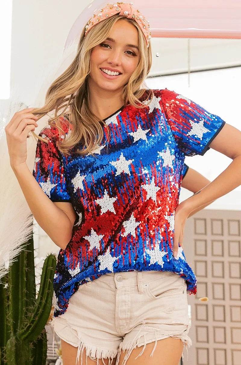 BiBi American Theme Star Pattern Sequin Top - Shop Style & More | Fresh Looks, Everyday Deals & Free Shipping