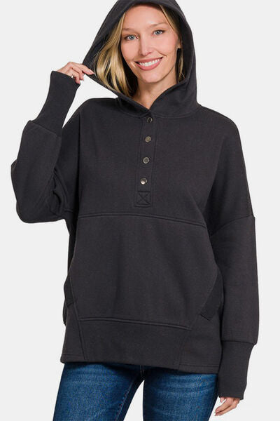 Zenana Half Snap Long Sleeve Hoodie with Kangaroo Pocket Black Hoodies & Sweaters