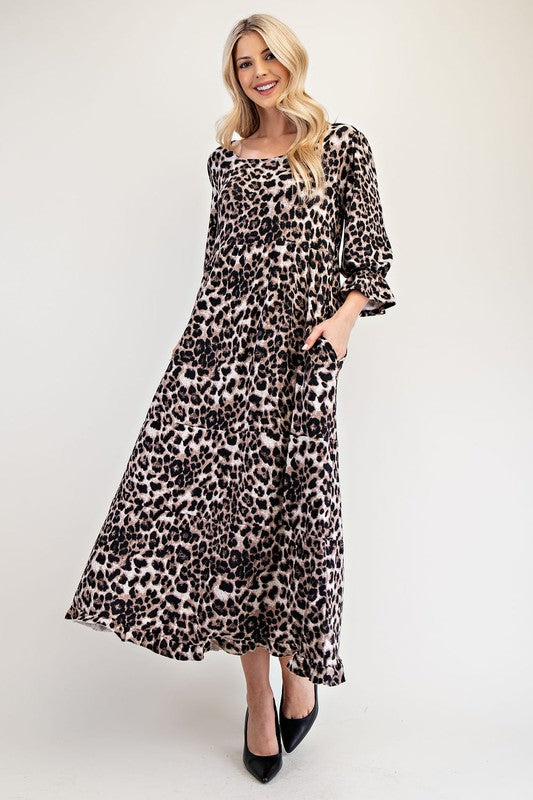 Celeste Leopard Flounce Sleeve Dress - Full Size Round Neck Style Brown Casual Dresses