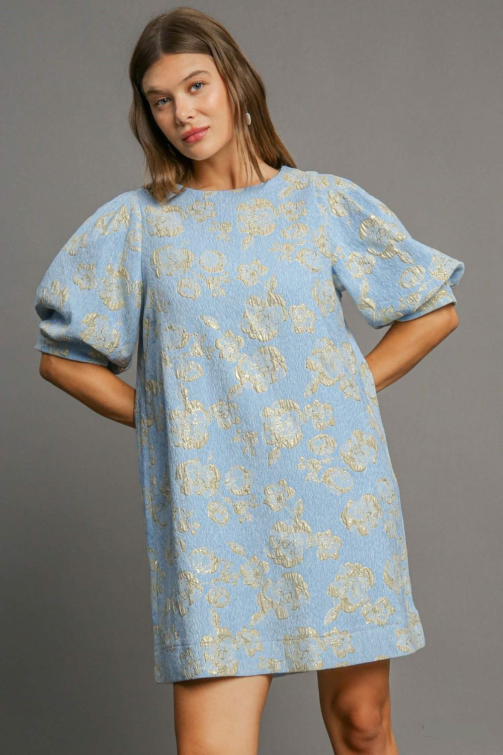 Umgee Floral Jacquard Puff Sleeve Mini Dress Casual Dresses