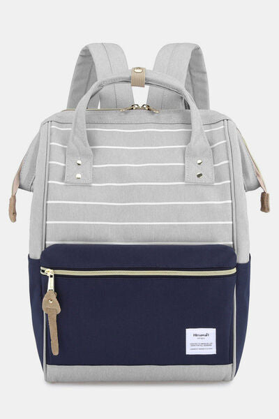 Himawari Waterproof Canvas Backpack Bag with Side Pockets Grey Navy Stripe One Size Bags