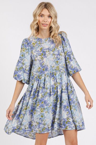 Mittoshop Flower Print Linen Blend Babydoll Mini Dress Blue Casual Dresses