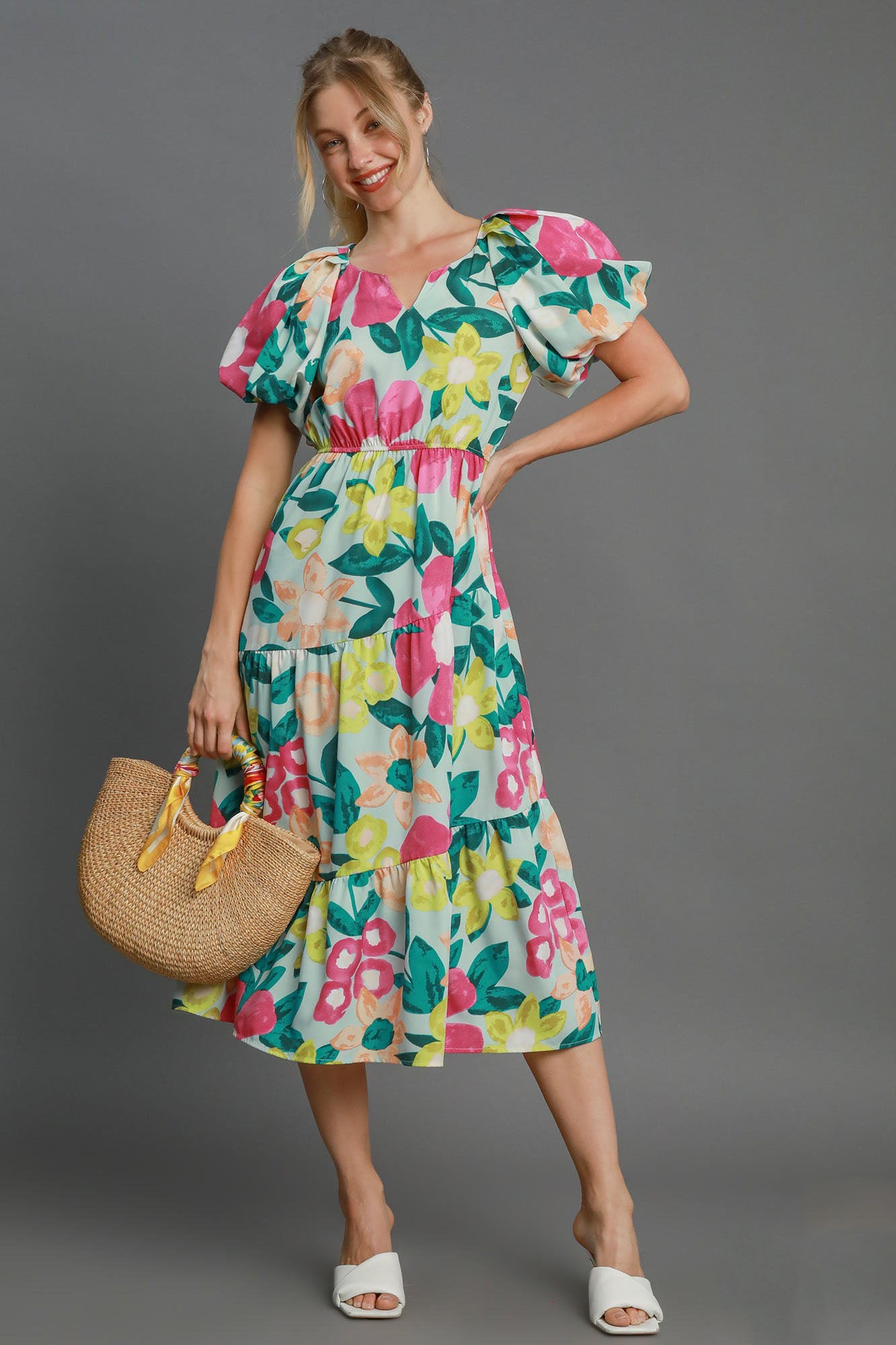 Umgee Full Size Tiered Floral Print Notched Puff Sleeve Midi Dress Plus Size MINTMIX Casual Dresses