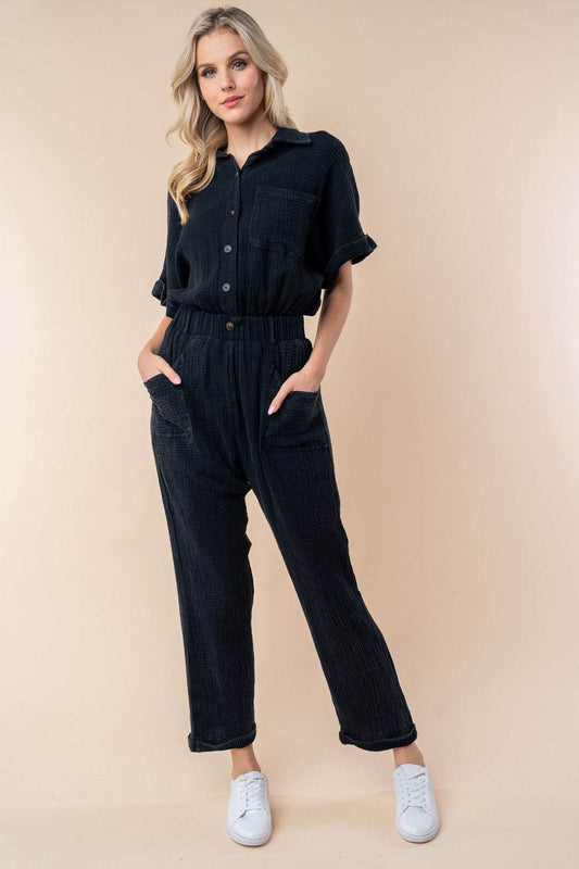 White Birch Texture Short Sleeve Jumpsuit - Shop Style & More | Fresh Looks, Everyday Deals & Free Shipping