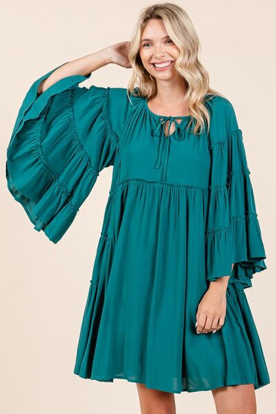 Mittoshop Frill Tie Neck Bell Sleeve Dress Casual Dresses