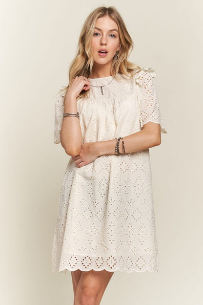 ADORA Ruffled Eyelet Round Neck Dress NATURAL Casual Dresses