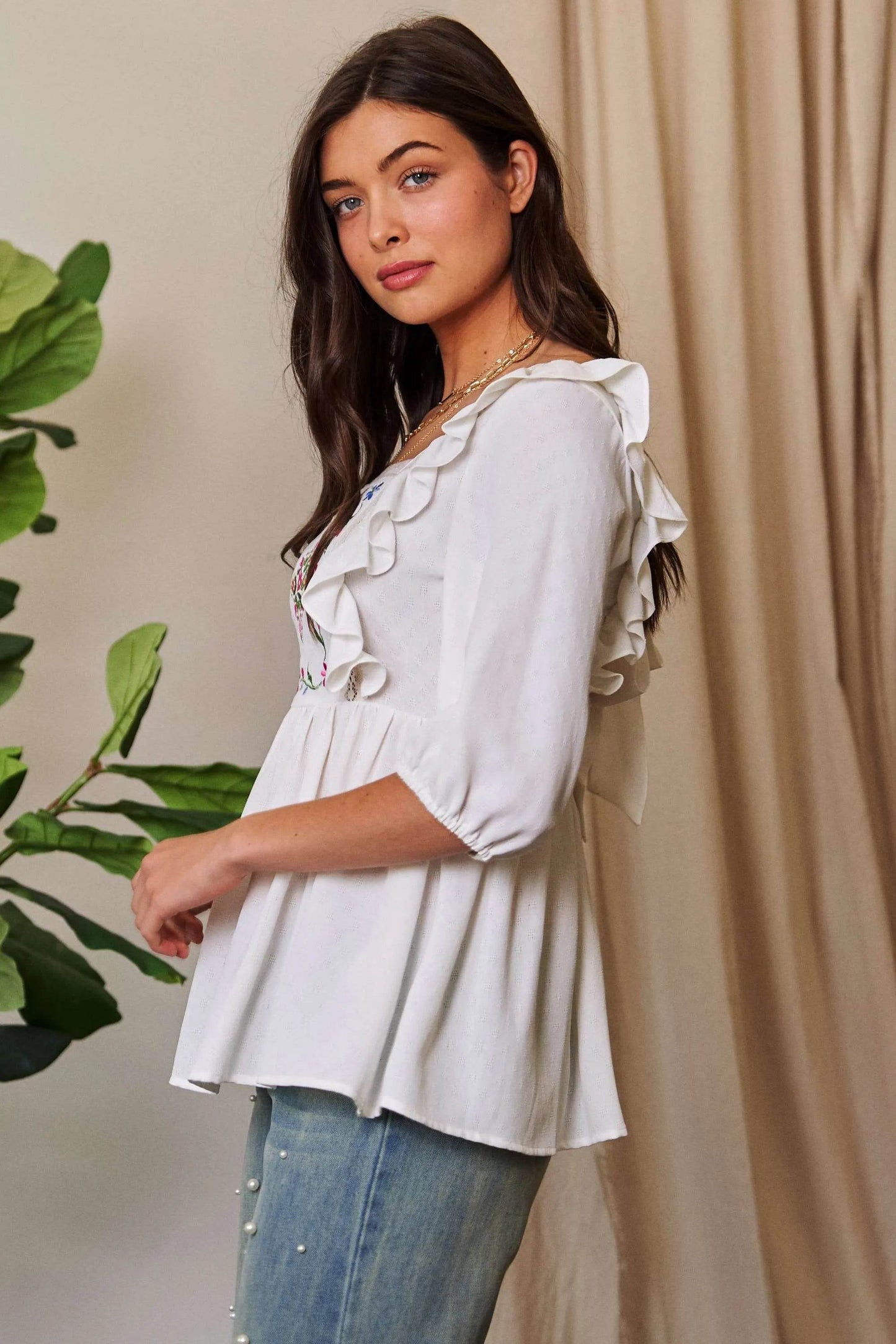 Davi & Dani Texture Tie Back Floral Embroidery Frill Blouse - Shop Style & More | Fresh Looks, Everyday Deals & Free Shipping