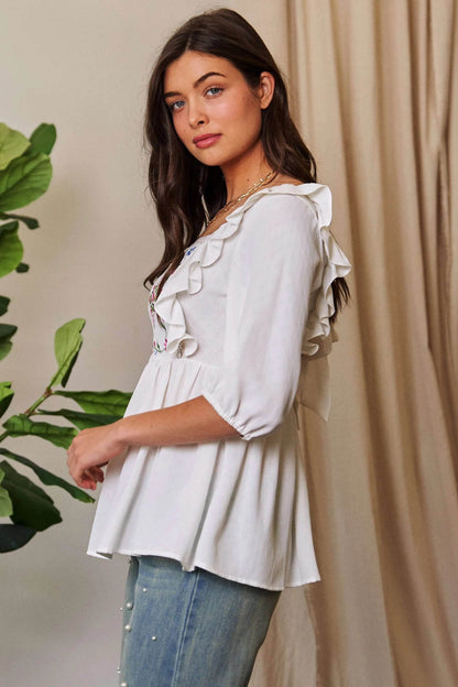 Davi & Dani Texture Tie Back Floral Embroidery Frill Blouse - Shop Style & More | Fresh Looks, Everyday Deals & Free Shipping