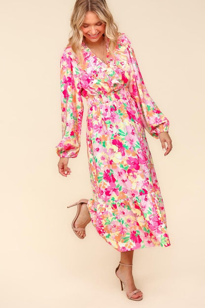 Haptics Full Size Floral Surplice Balloon Sleeve Dress with Side Pockets Casual Dresses