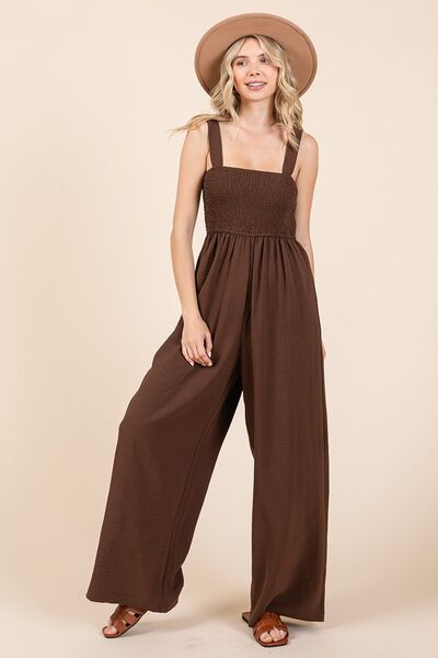 Mittoshop Smocked Wide Leg Overalls with Wide Straps Jumpsuits