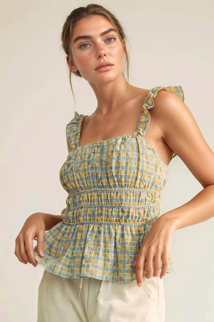 Davi & Dani Plaid Ruffled Strap Smocked Sleeveless Top - Shop Style & More | Fresh Looks, Everyday Deals & Free Shipping