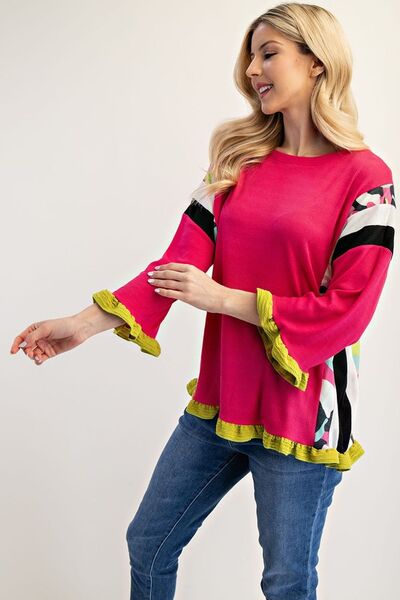 Celeste Full Size Ruffle Sleeve Color Block Top Plus Size Blouses