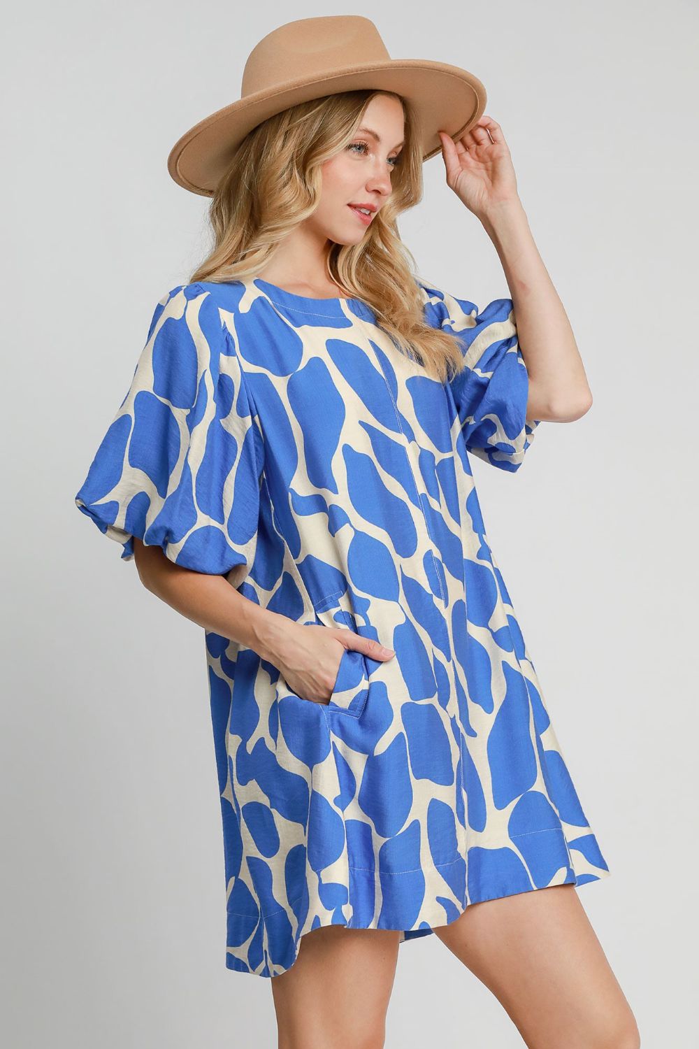 Umgee Two Tone Abstract Print Puff Sleeve Dress Casual Dresses