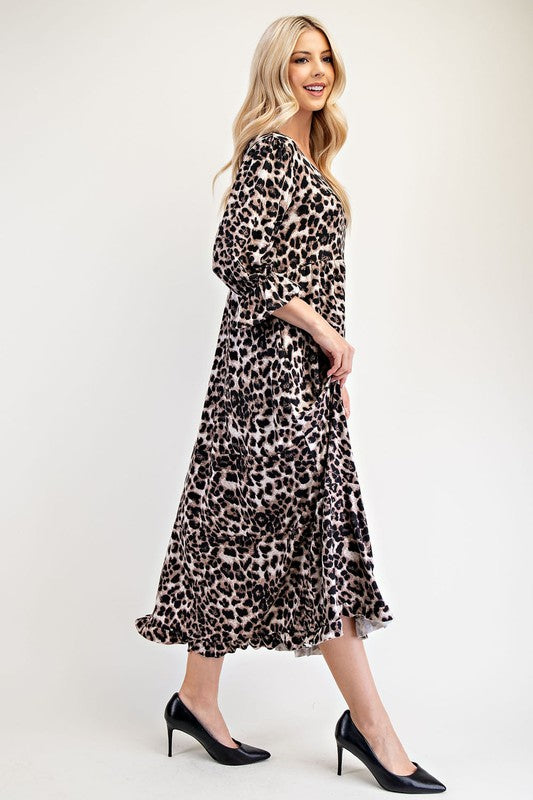 Celeste Leopard Flounce Sleeve Dress - Full Size Round Neck Style Casual Dresses