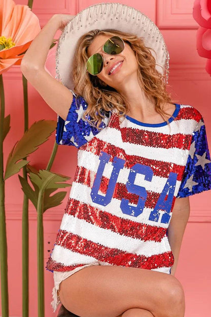 BiBi American Flag Theme USA Lettering Sequin Top - Shop Style & More | Fresh Looks, Everyday Deals & Free Shipping