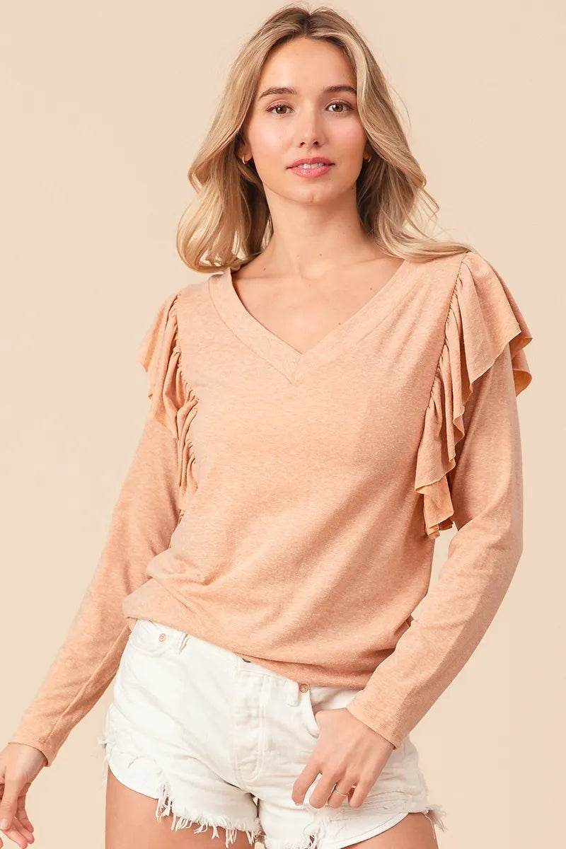 BiBi Triblend V Neck Top with Shoulder Shrring Detail - Shop Style & More | Fresh Looks, Everyday Deals & Free Shipping