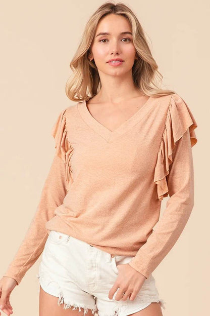 BiBi Triblend V Neck Top with Shoulder Shrring Detail - Shop Style & More | Fresh Looks, Everyday Deals & Free Shipping