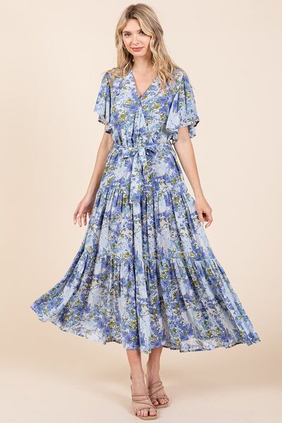 Mittoshop Floral Tie Waist Flutter Sleeve Tiered Dress Dusty Blue Casual Dresses