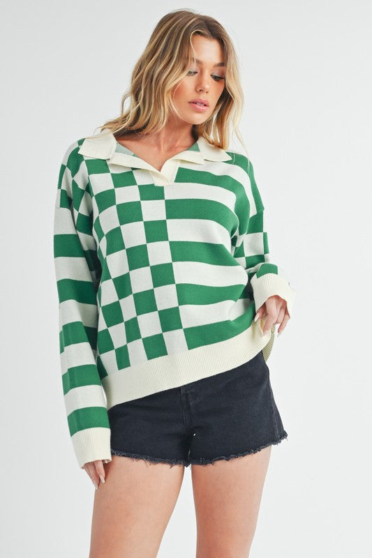 Aemi + Co Striped & Checkered Drop Shoulder Sweater Green White Hoodies & Sweaters