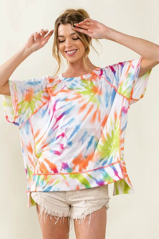 BiBi Tie Dye Print Jersey Stitched Uneven Hem Top - Shop Style & More | Fresh Looks, Everyday Deals & Free Shipping
