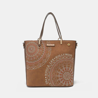 Nicole Lee USA Metallic Stitching Embroidery Inlaid Rhinestone Tote Bag Brown One Size Bags