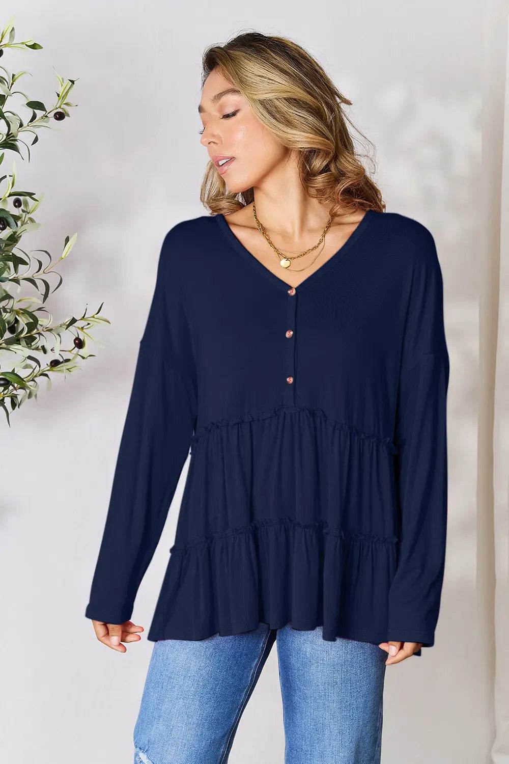 Double Take Half Button Long Sleeve Ruffle Hem Blouse - Shop Style & More | Fresh Looks, Everyday Deals & Free Shipping