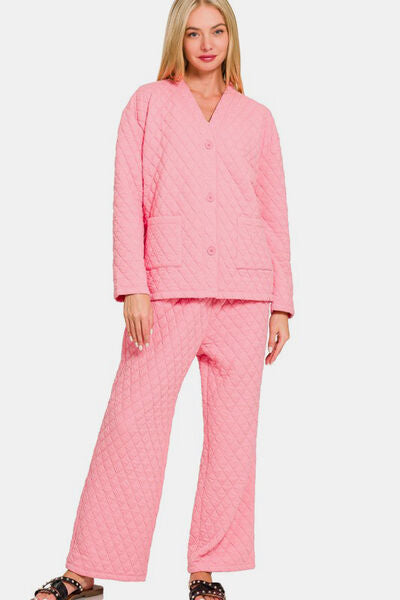 Zenana Quilted Button Up Long Sleeve Top and Pants Lounge Set Dk Pink Lounge Set