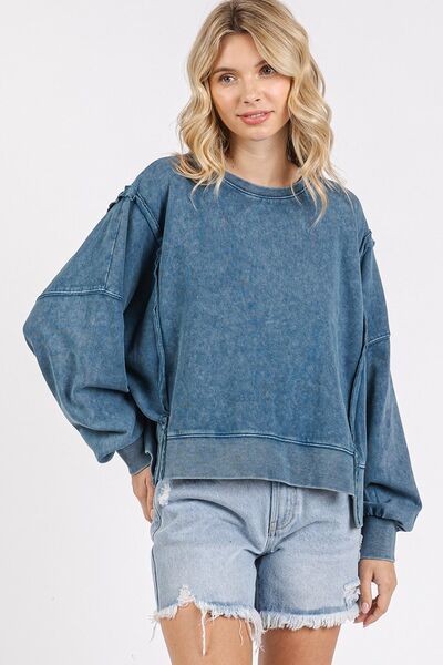 Mittoshop Side Slit Exposed Seam Round Neck Sweatshirt Peacock Blue Hoodies & Sweaters