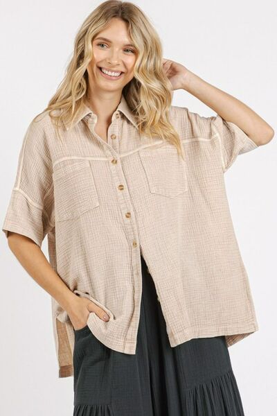 Mittoshop Mineral Wash Gauze Oversized Short Sleeve Shirt Sand Blouses