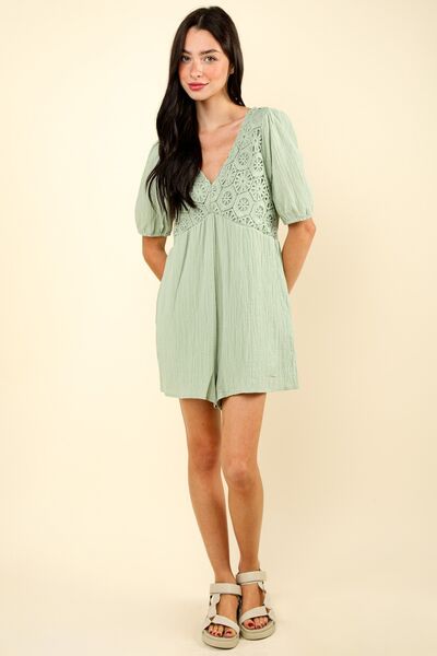 VERY J Lace Detail Puff Sleeve Romper with Pockets Jumpsuits