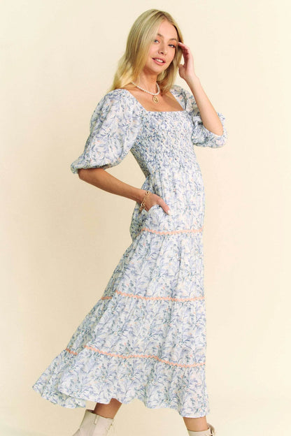 Davi & Dani Contrast Ric Smocking Bodice Tiered Midi Dress - Shop Style & More | Fresh Looks, Everyday Deals & Free Shipping