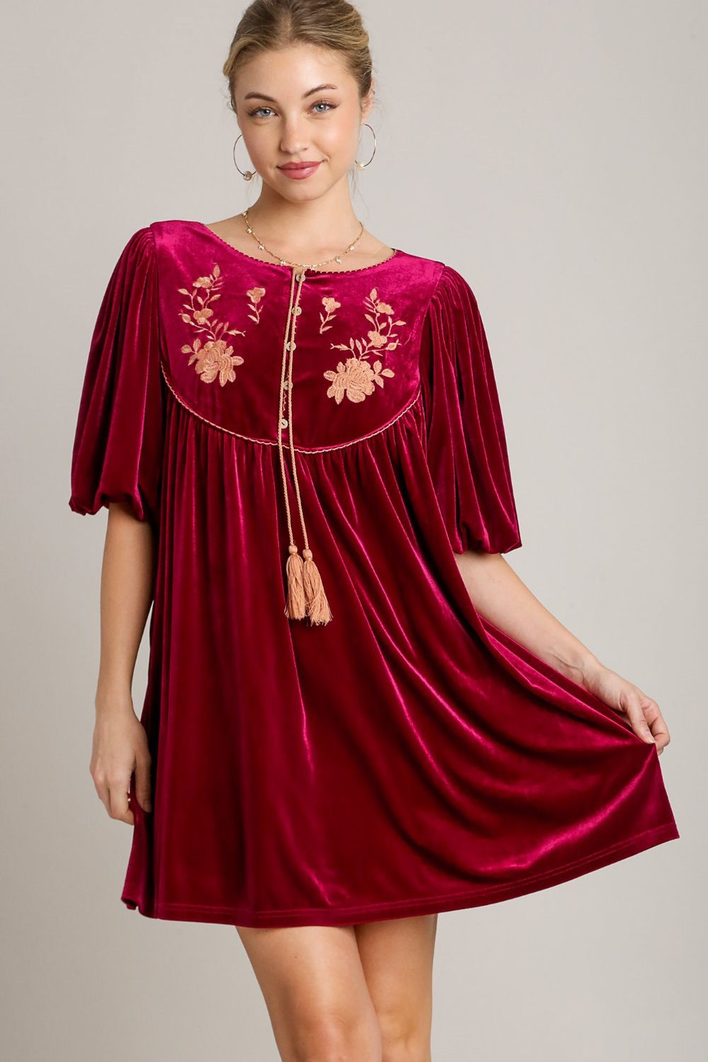 Umgee Embroidered Half Sleeve Velvet Mini Dress with Tassel Burgundy Casual Dresses