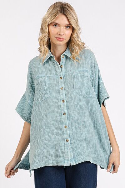 Mittoshop Mineral Wash Gauze Oversized Short Sleeve Shirt Blouses