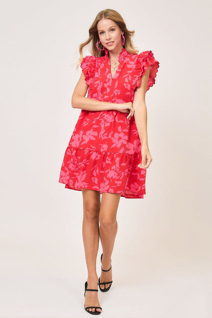 Umgee Full Size Two Tone Floral Print Ruffle Cap Sleeve Mini Dress Plus Size Casual Dresses